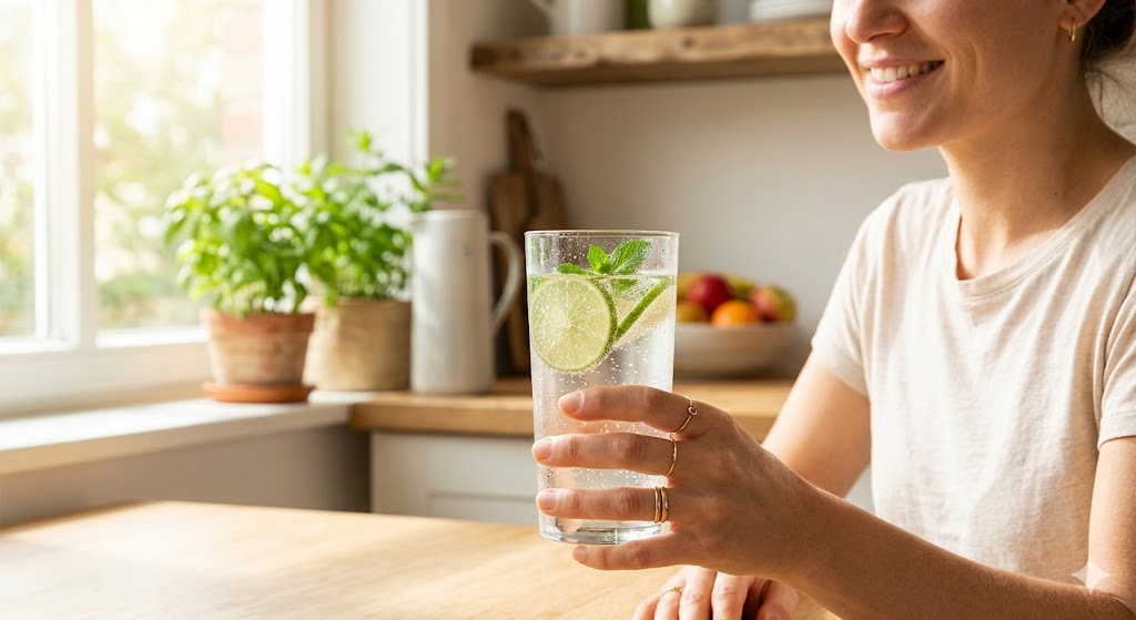 A woman holding a refreshing glass of water with lime and mint in a bright kitchen