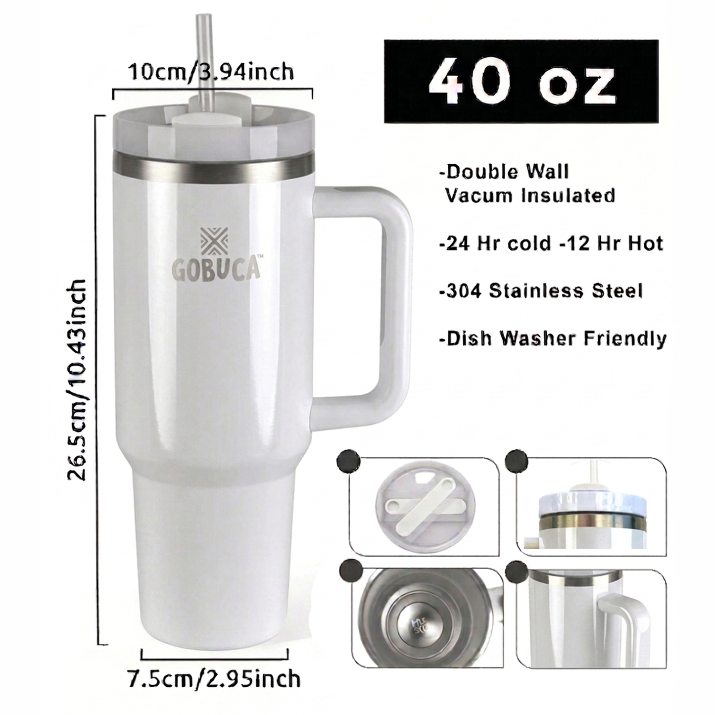 Gobuca 40 oz Stainless Steel Tumbler-White