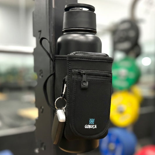 Gobuca Hydro-Hitch Adjustable Fit -Magnetic Gym Water Bottle Holder with Phone Pocket - Bottles without handles