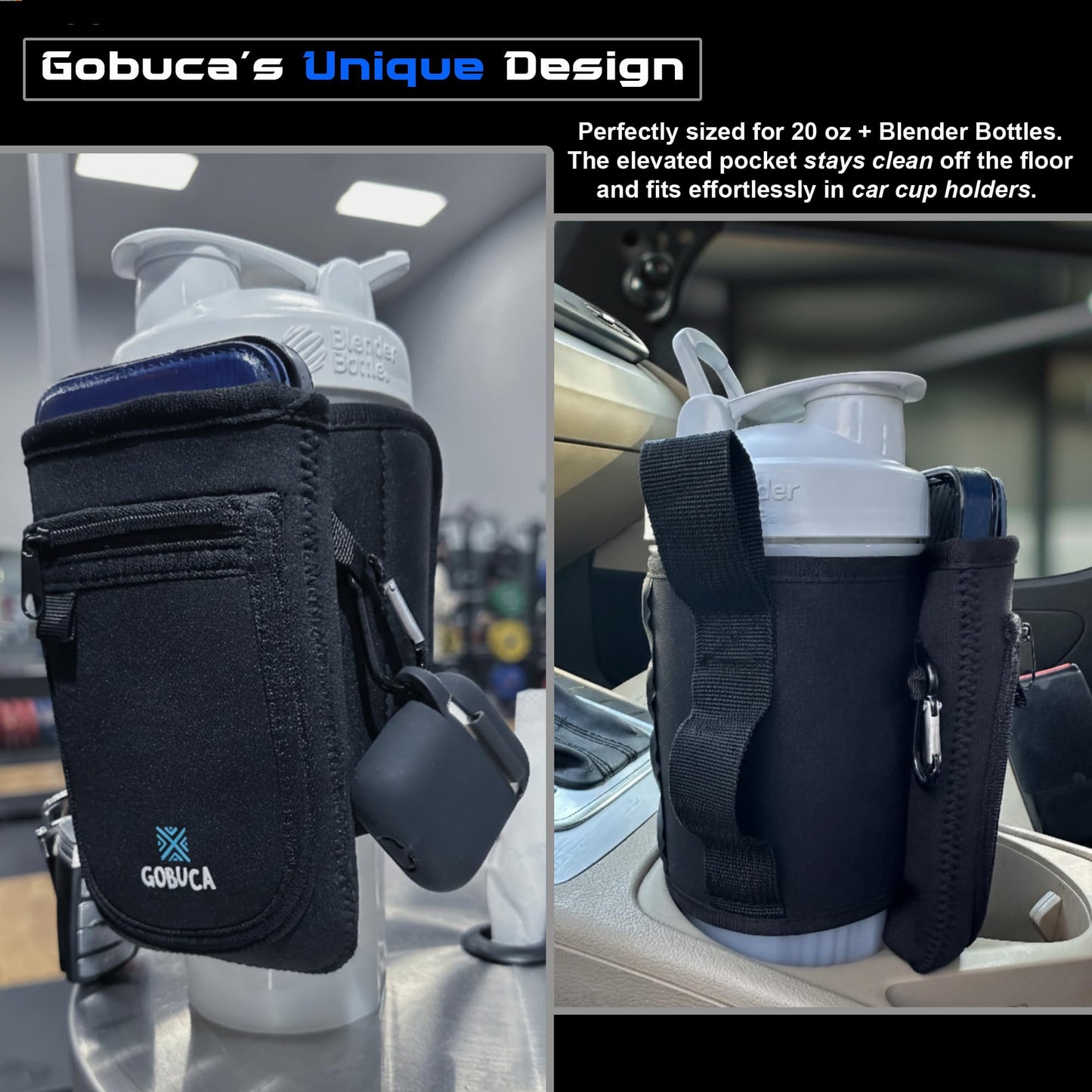 Adjustable Fit -Magnetic Gym Water Bottle Holder with Phone Pocket - Bottles without handles